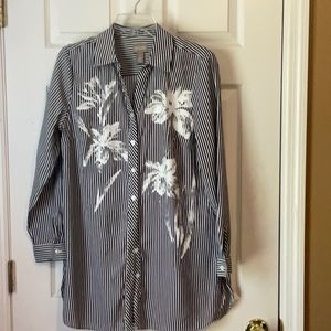 Chico’s Women’s Blue & White Vertical Stripes Long Sleeves Floral Tunic Size M